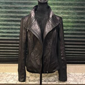 Sam Edelman Women’s Black Leather Zip Front‎ Knit Arm Accents Moto jacket Medium